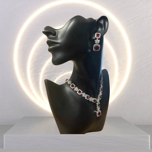 Ruby and Diamond Square Flower Necklace & Earring Set