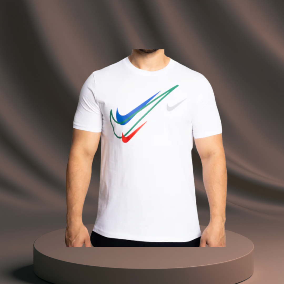 Men's White Nike T-Shirt 3 Tick Swoosh Logo - Green/Red/Blue