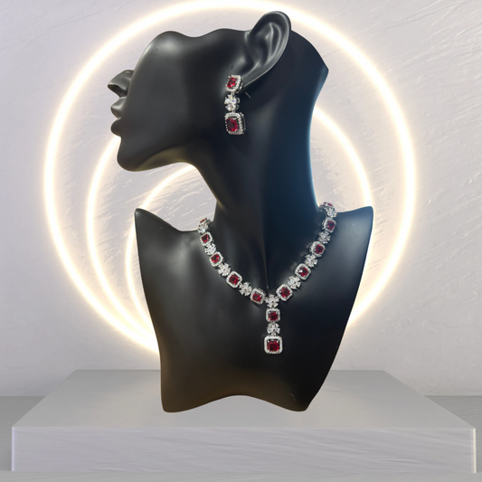 Ruby and Diamond Square Flower Necklace & Earring Set