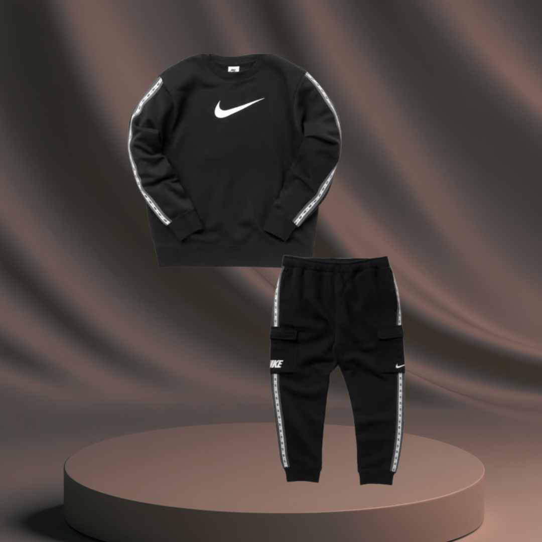 Men's Black Nike Tracksuit - White/Grey Stripe